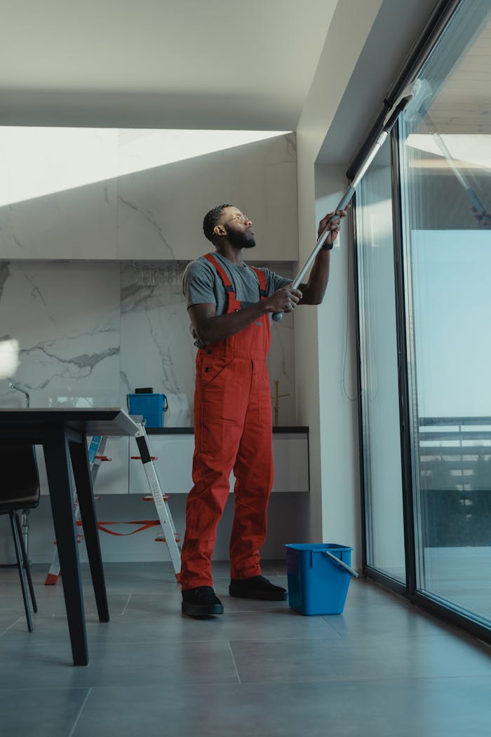 home-hero A man in coveralls cleans a large window in a stylish, modern home interior.